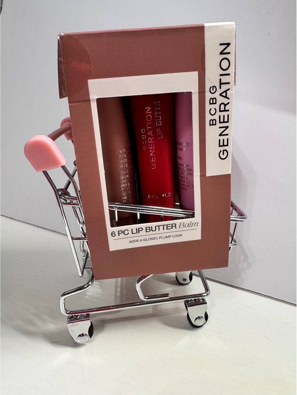 BCBG Generation 6 Pc Lip Butter Balm Set in Tiny Rolling Shopping Cart NWT
